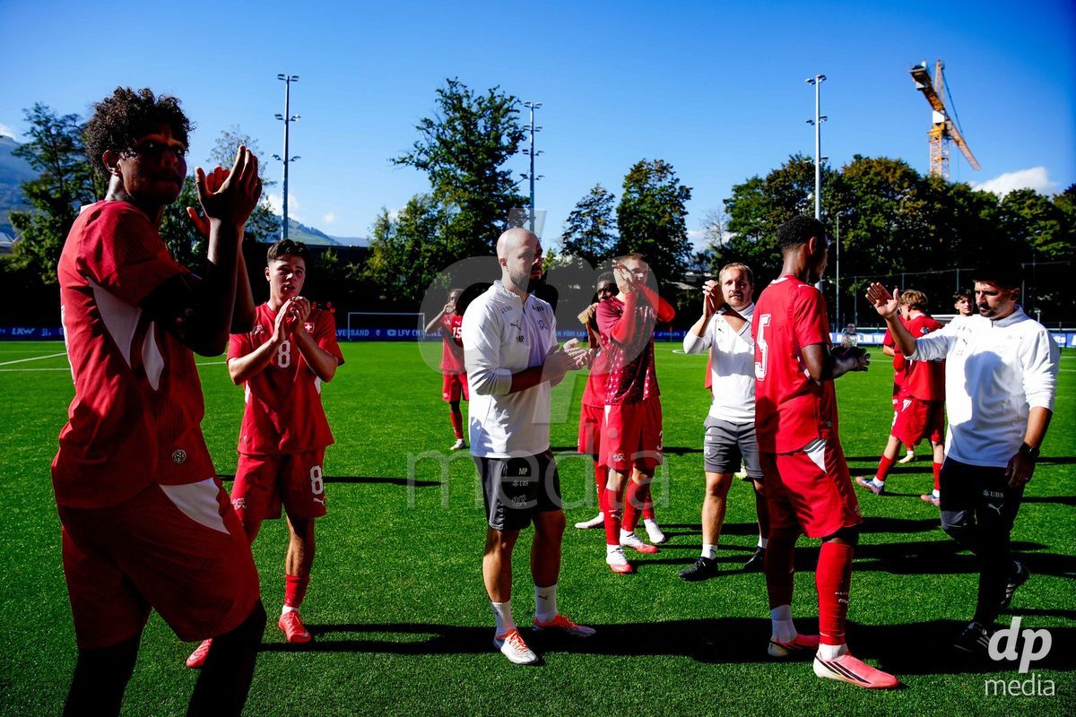 SCHAAN, LIECHTENSTEIN - OCTOBER 12: Players of Switzerland after the UEFA European Under-17 Qualifier match between Israel and Switzerland at LFV Campus Rheinwiese on October 12, 2026 in Schaan, Liechtenstein.