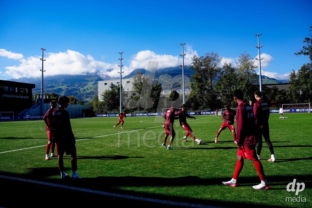 SCHAAN, LIECHTENSTEIN - OCTOBER 12: Players of Switzerland warming up during the UEFA European Under-17 Qualifier match between Israel and Switzerland at LFV Campus Rheinwiese on October 12, 2026 in Schaan, Liechtenstein.