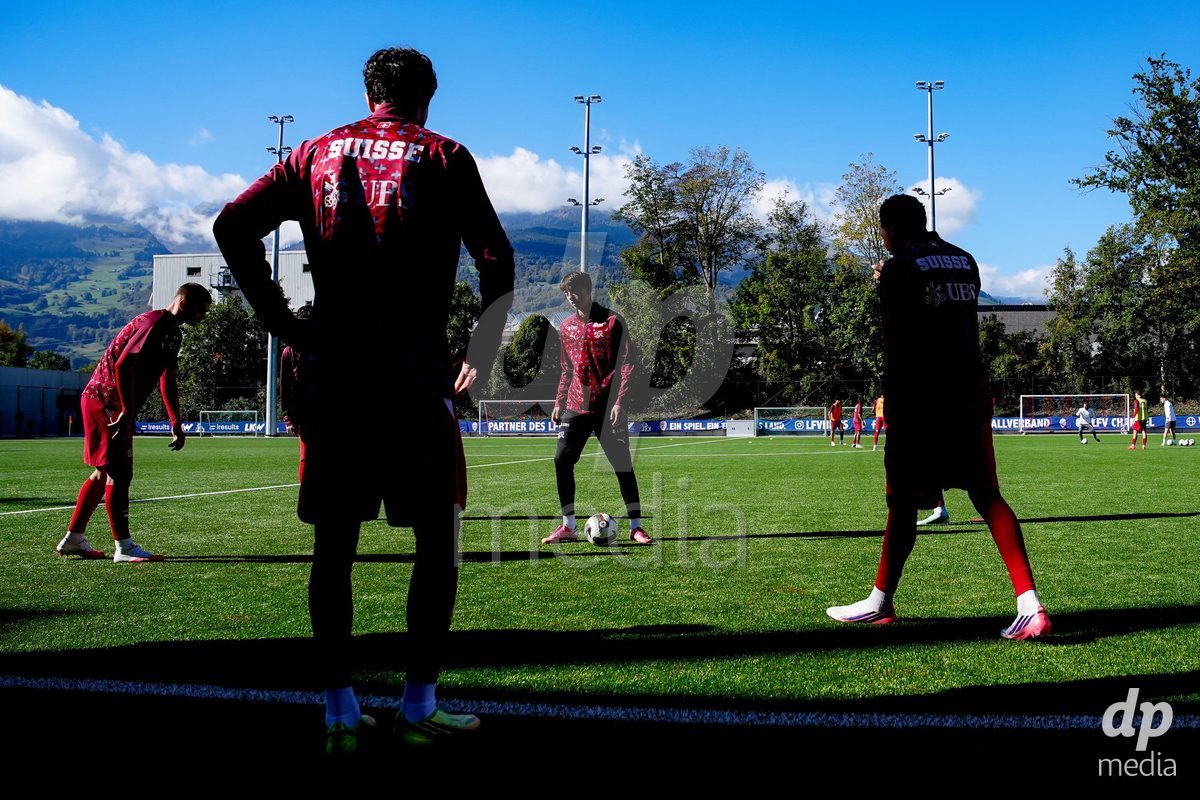 SCHAAN, LIECHTENSTEIN - OCTOBER 12: Players of Switzerland warming up during the UEFA European Under-17 Qualifier match between Israel and Switzerland at LFV Campus Rheinwiese on October 12, 2026 in Schaan, Liechtenstein.