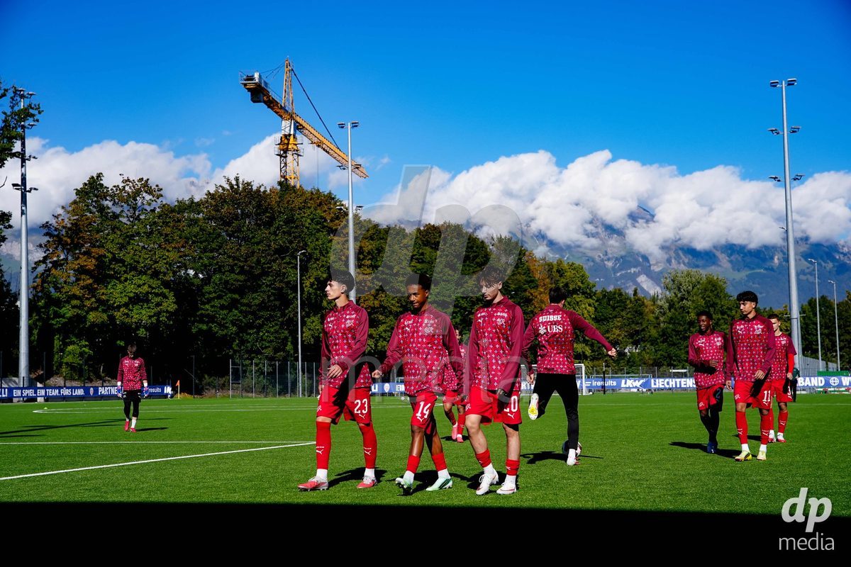 SCHAAN, LIECHTENSTEIN - OCTOBER 12: Players of Switzerland warming up during the UEFA European Under-17 Qualifier match between Israel and Switzerland at LFV Campus Rheinwiese on October 12, 2026 in Schaan, Liechtenstein.