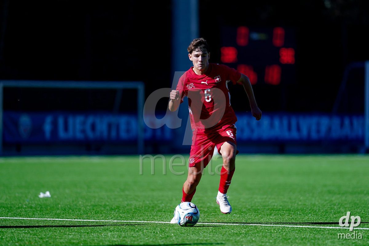 SCHAAN, LIECHTENSTEIN - OCTOBER 12: Niklas Zuger of Switzerland controls the ball during the UEFA European Under-17 Qualifier match between Israel and Switzerland at LFV Campus Rheinwiese on October 12, 2026 in Schaan, Liechtenstein.
