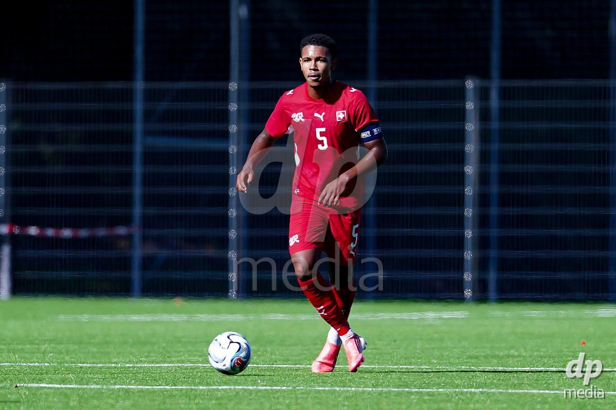 SCHAAN, LIECHTENSTEIN - OCTOBER 12: Noah Kakor of Switzerland controls the ball during the UEFA European Under-17 Qualifier match between Israel and Switzerland at LFV Campus Rheinwiese on October 12, 2026 in Schaan, Liechtenstein.