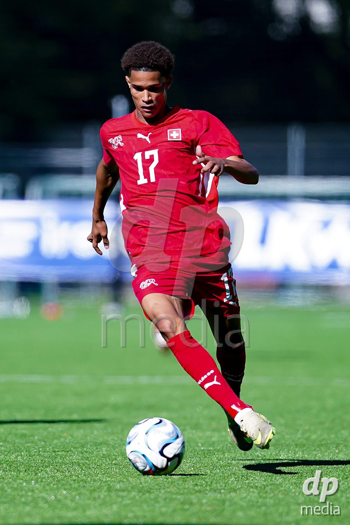SCHAAN, LIECHTENSTEIN - OCTOBER 12: Kyle Kurt of Switzerland controls the ball during the UEFA European Under-17 Qualifier match between Israel and Switzerland at LFV Campus Rheinwiese on October 12, 2026 in Schaan, Liechtenstein.