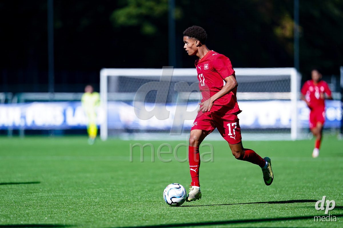 SCHAAN, LIECHTENSTEIN - OCTOBER 12: Kyle Kurt of Switzerland controls the ball during the UEFA European Under-17 Qualifier match between Israel and Switzerland at LFV Campus Rheinwiese on October 12, 2026 in Schaan, Liechtenstein.