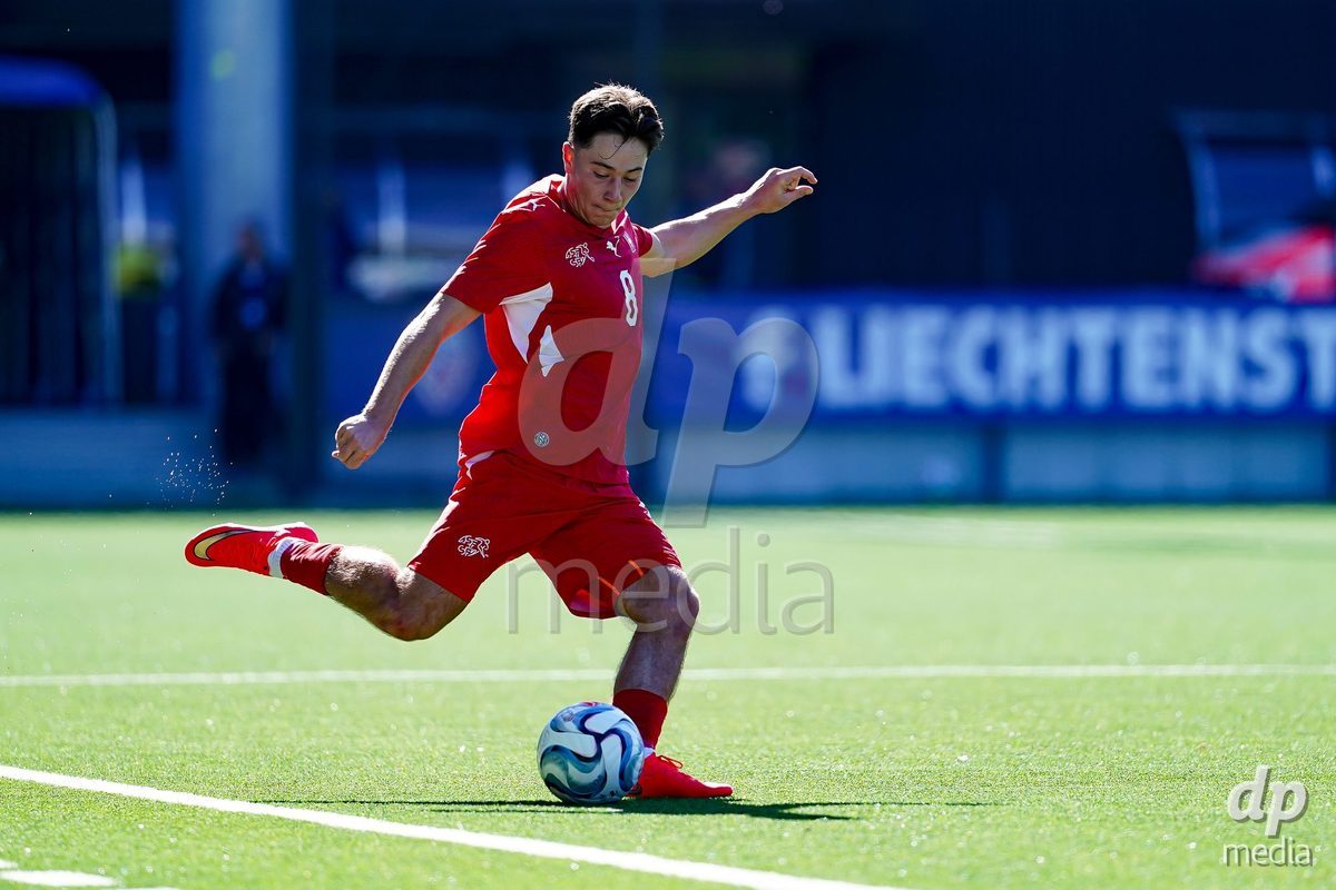 SCHAAN, LIECHTENSTEIN - OCTOBER 12: Leandro Cottiati of Switzerland controls the ball during the UEFA European Under-17 Qualifier match between Israel and Switzerland at LFV Campus Rheinwiese on October 12, 2026 in Schaan, Liechtenstein.