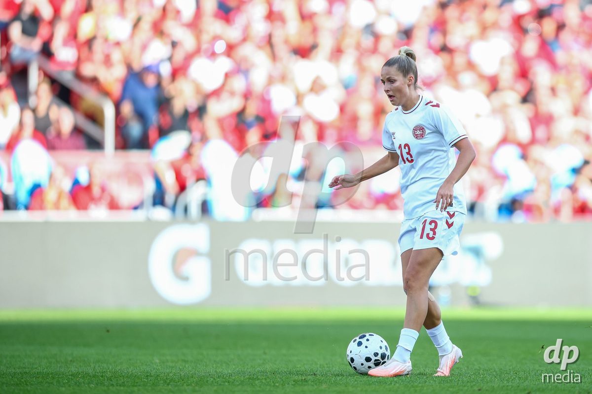 TORONTO, CANADA - OCTOBER 12: Olivia Holdt of Denmark controls the ball during the International Friendly match between Canada and Denmark at BMO Field on October 12, 2026 in Toronto, Canada.