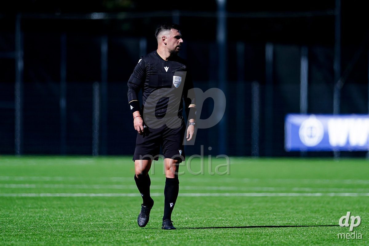 SCHAAN, LIECHTENSTEIN - OCTOBER 12: Referee Martin Zhivkov Velikov during the UEFA European Under-17 Qualifier match between Israel and Switzerland at LFV Campus Rheinwiese on October 12, 2026 in Schaan, Liechtenstein.
