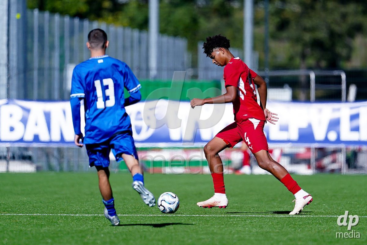 SCHAAN, LIECHTENSTEIN - OCTOBER 12: Ifeanyichukwu Gabriel Onwuzulike of Switzerland controls the ball during the UEFA European Under-17 Qualifier match between Israel and Switzerland at LFV Campus Rheinwiese on October 12, 2026 in Schaan, Liechtenstein.