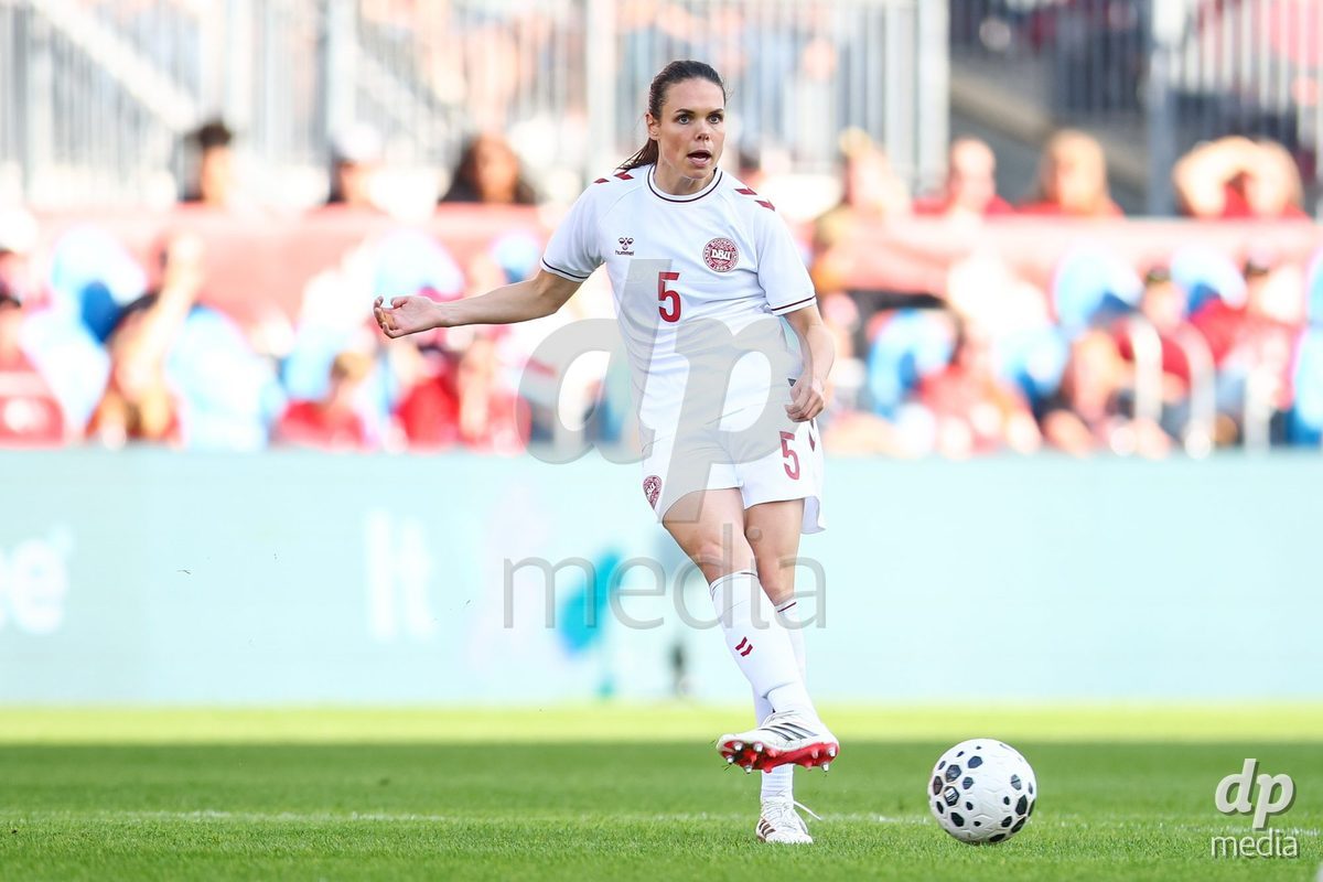 TORONTO, CANADA - OCTOBER 12: Simone Boye of Denmark passes the ball during the International Friendly match between Canada and Denmark at BMO Field on October 12, 2026 in Toronto, Canada.