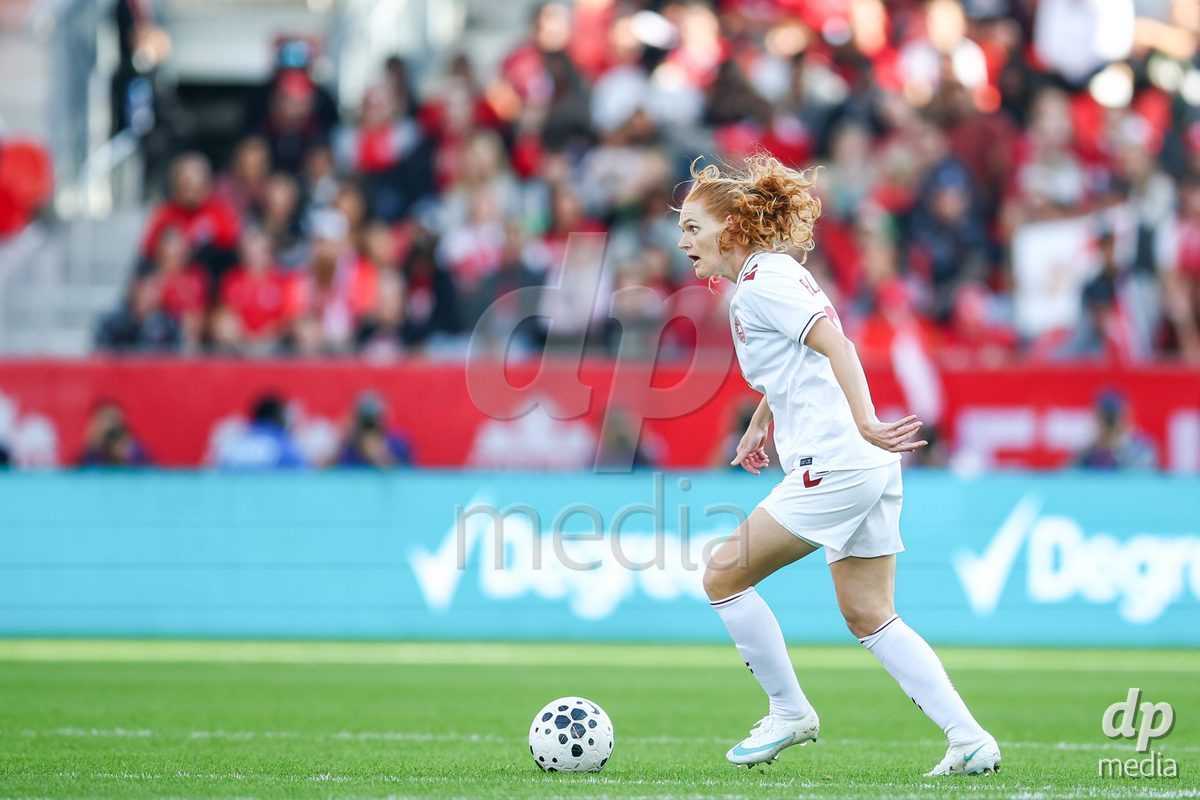 TORONTO, CANADA - OCTOBER 12: Stine Ballisager of Denmark controls the ball during the International Friendly match between Canada and Denmark at BMO Field on October 12, 2026 in Toronto, Canada.