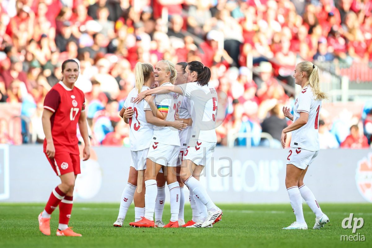 TORONTO, CANADA - OCTOBER 12: Olivia Holdt of Denmark first team goal during the International Friendly match between Canada and Denmark at BMO Field on October 12, 2026 in Toronto, Canada.