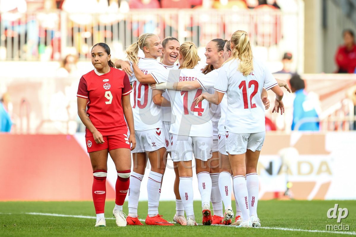 TORONTO, CANADA - OCTOBER 12: Pernille Harder of Denmark celebrates the second team goal during the International Friendly match between Canada and Denmark at BMO Field on October 12, 2026 in Toronto, Canada.