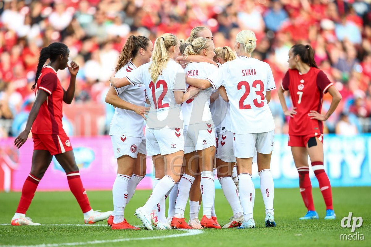 TORONTO, CANADA - OCTOBER 12: Olivia Holdt of Denmark celebrates the third team goal during the International Friendly match between Canada and Denmark at BMO Field on October 12, 2026 in Toronto, Canada.