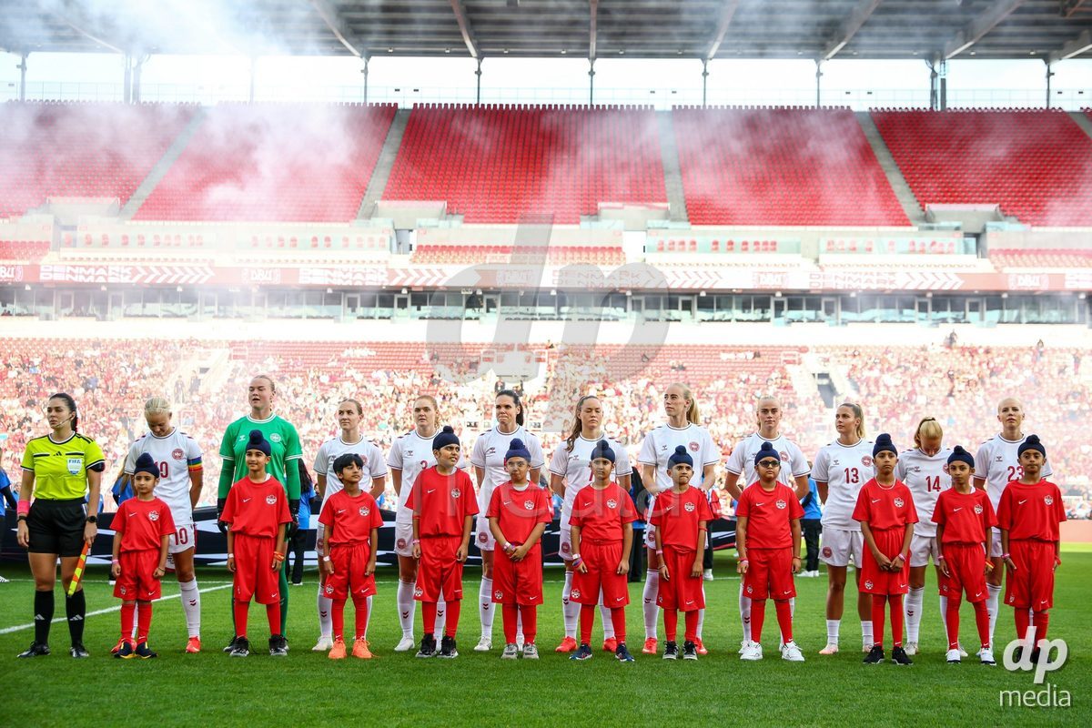 TORONTO, CANADA - OCTOBER 12: Players of Denmark during the national anthem prior to the International Friendly match between Canada and Denmark at BMO Field on October 12, 2026 in Toronto, Canada.