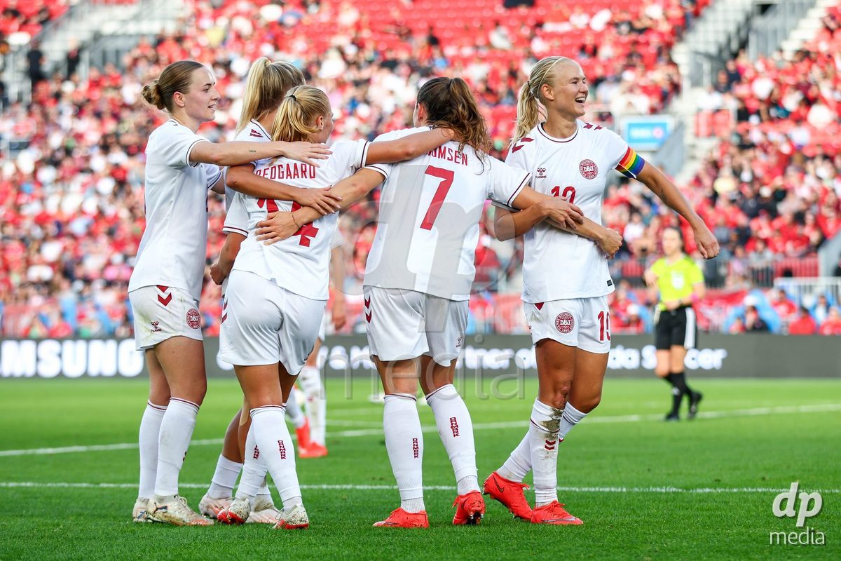 TORONTO, CANADA - OCTOBER 12: Janni Thomsen of Denmark celebrates the fourth team goal during the International Friendly match between Canada and Denmark at BMO Field on October 12, 2026 in Toronto, Canada.