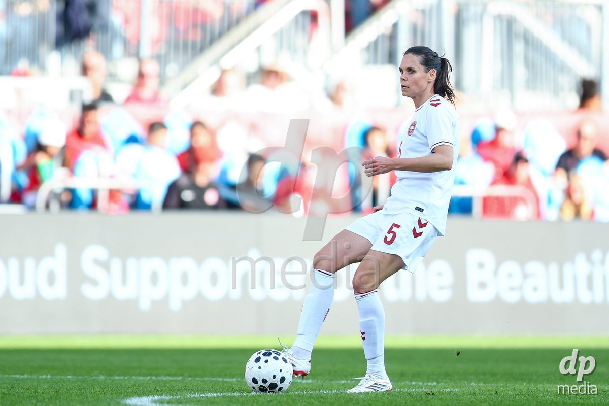TORONTO, CANADA - OCTOBER 12: Simone Boye of Denmark passes the ball during the International Friendly match between Canada and Denmark at BMO Field on October 12, 2026 in Toronto, Canada.