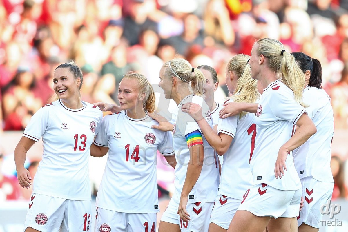 TORONTO, CANADA - OCTOBER 12: Olivia Holdt of Denmark celebrates with teammates after scoring her team's first goal during the International Friendly match between Canada and Denmark at BMO Field on October 12, 2026 in Toronto, Canada.