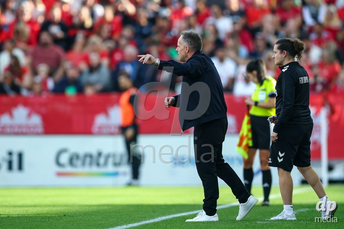 TORONTO, CANADA - OCTOBER 12: Headcoach Jakob Michelsen of Denmark gestures during the International Friendly match between Canada and Denmark at BMO Field on October 12, 2026 in Toronto, Canada.