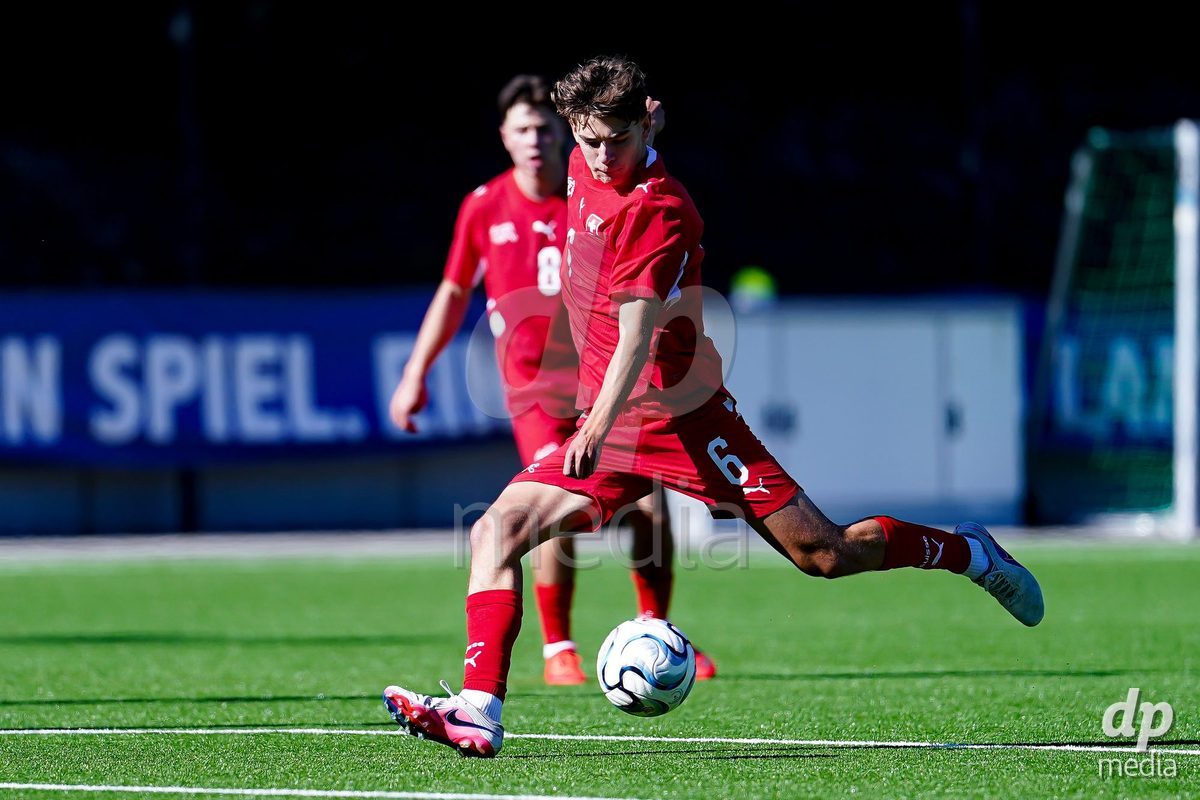 SCHAAN, LIECHTENSTEIN - OCTOBER 12: Niklas Zuger of Switzerland controls the ball during the UEFA European Under-17 Qualifier match between Israel and Switzerland at LFV Campus Rheinwiese on October 12, 2026 in Schaan, Liechtenstein.
