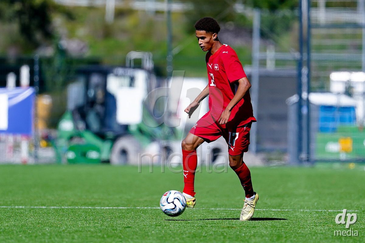 SCHAAN, LIECHTENSTEIN - OCTOBER 12: Kyle Kurt of Switzerland controls the ball during the UEFA European Under-17 Qualifier match between Israel and Switzerland at LFV Campus Rheinwiese on October 12, 2026 in Schaan, Liechtenstein.