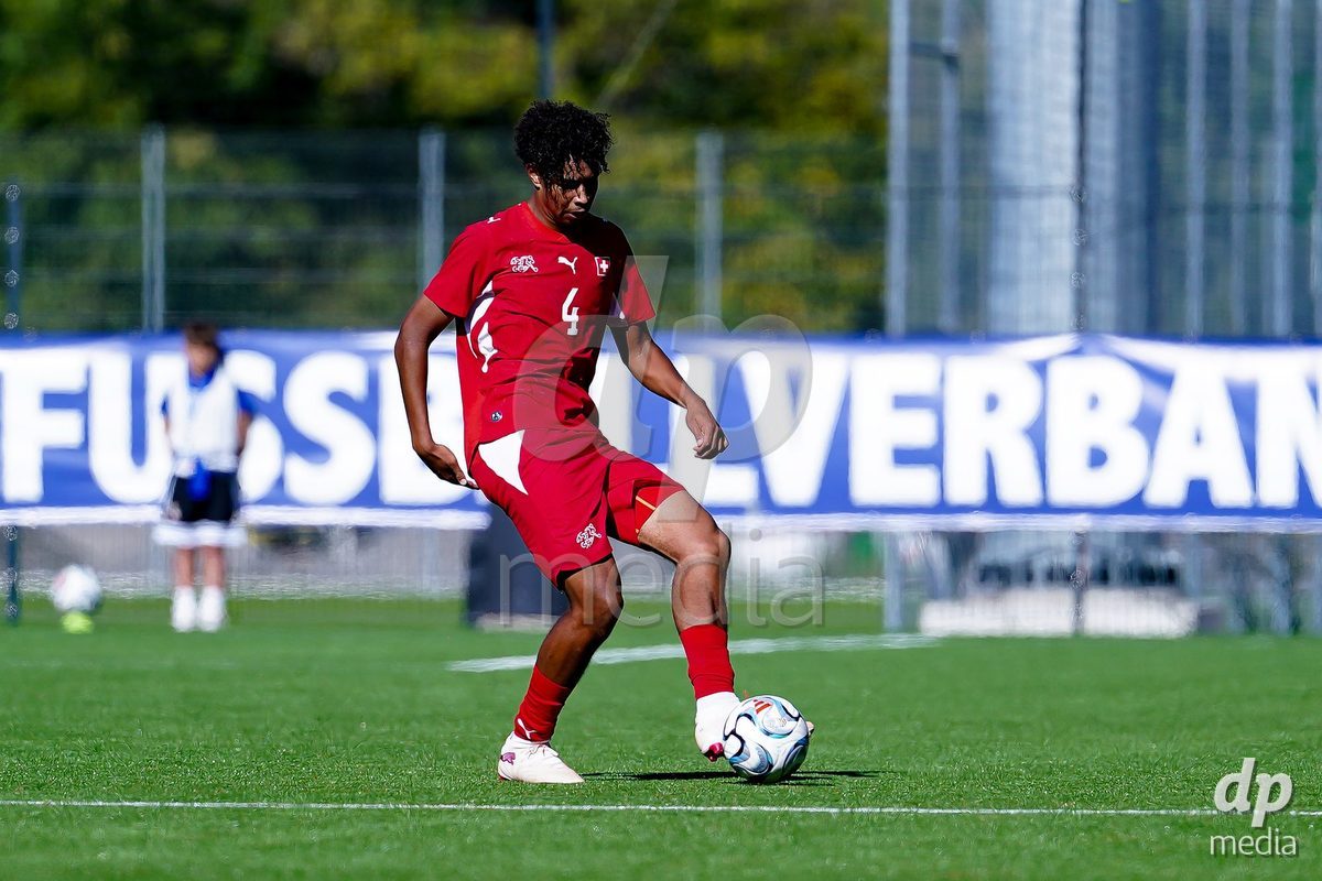 SCHAAN, LIECHTENSTEIN - OCTOBER 12: Ifeanyichukwu Gabriel Onwuzulike of Switzerland controls the ball during the UEFA European Under-17 Qualifier match between Israel and Switzerland at LFV Campus Rheinwiese on October 12, 2026 in Schaan, Liechtenstein.