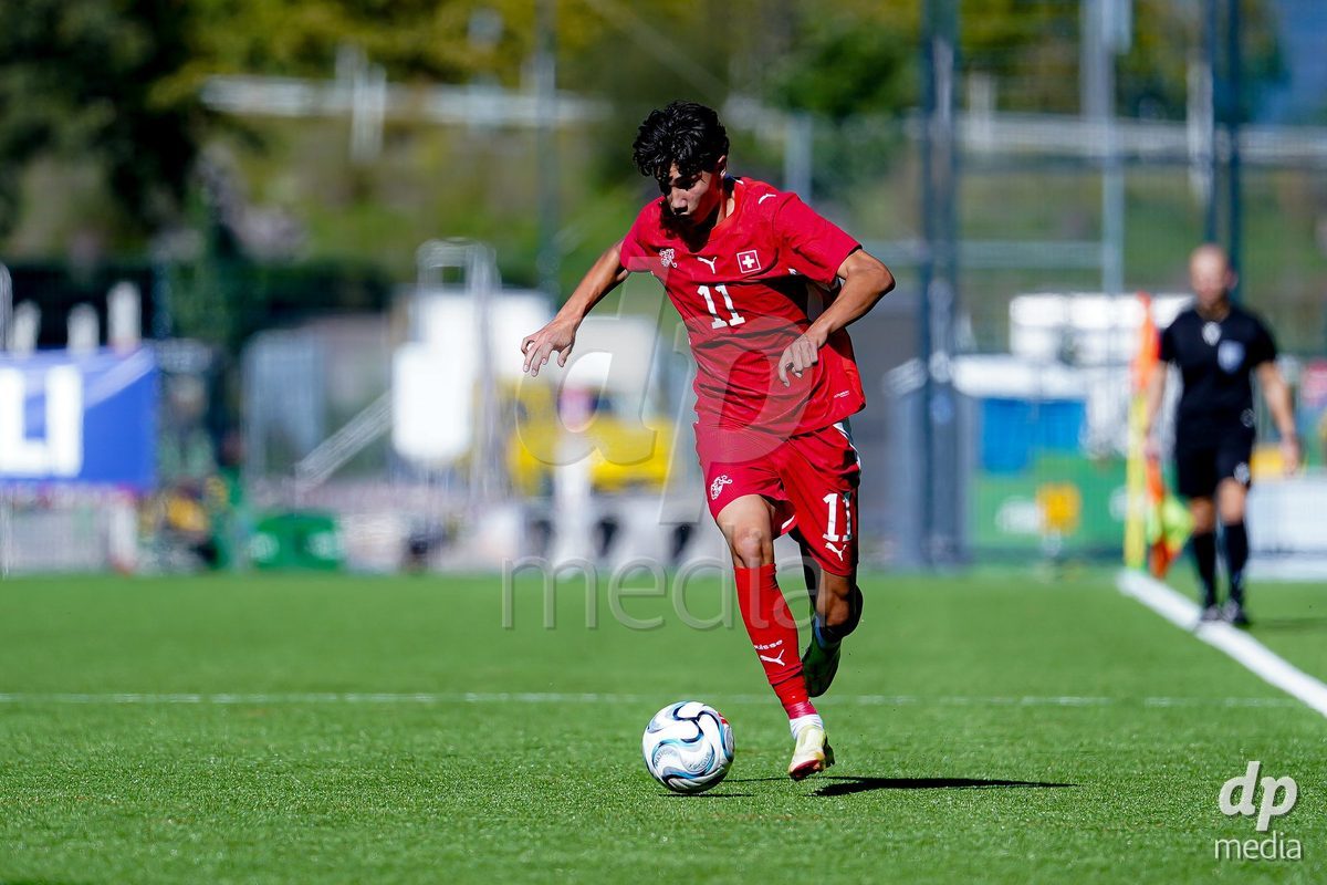 SCHAAN, LIECHTENSTEIN - OCTOBER 12: Kaan Arslan of Switzerland controls the ball during the UEFA European Under-17 Qualifier match between Israel and Switzerland at LFV Campus Rheinwiese on October 12, 2026 in Schaan, Liechtenstein.