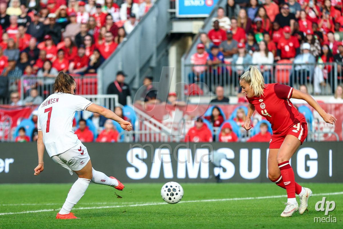 TORONTO, CANADA - OCTOBER 12: Janni Thomsen of Denmark scores the fourth team goal during the International Friendly match between Canada and Denmark at BMO Field on October 12, 2026 in Toronto, Canada.
