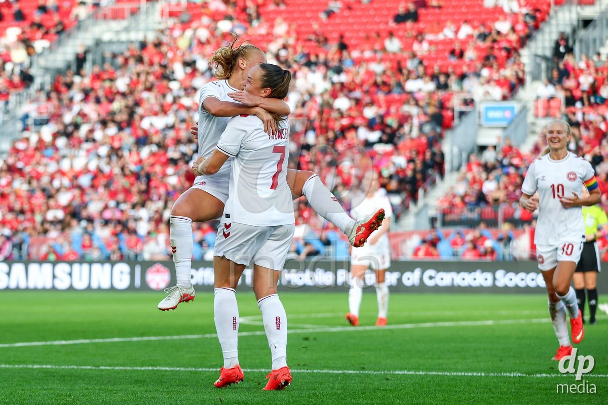 TORONTO, CANADA - OCTOBER 12: Janni Thomsen of Denmark celebrates the fourth team goal during the International Friendly match between Canada and Denmark at BMO Field on October 12, 2026 in Toronto, Canada.