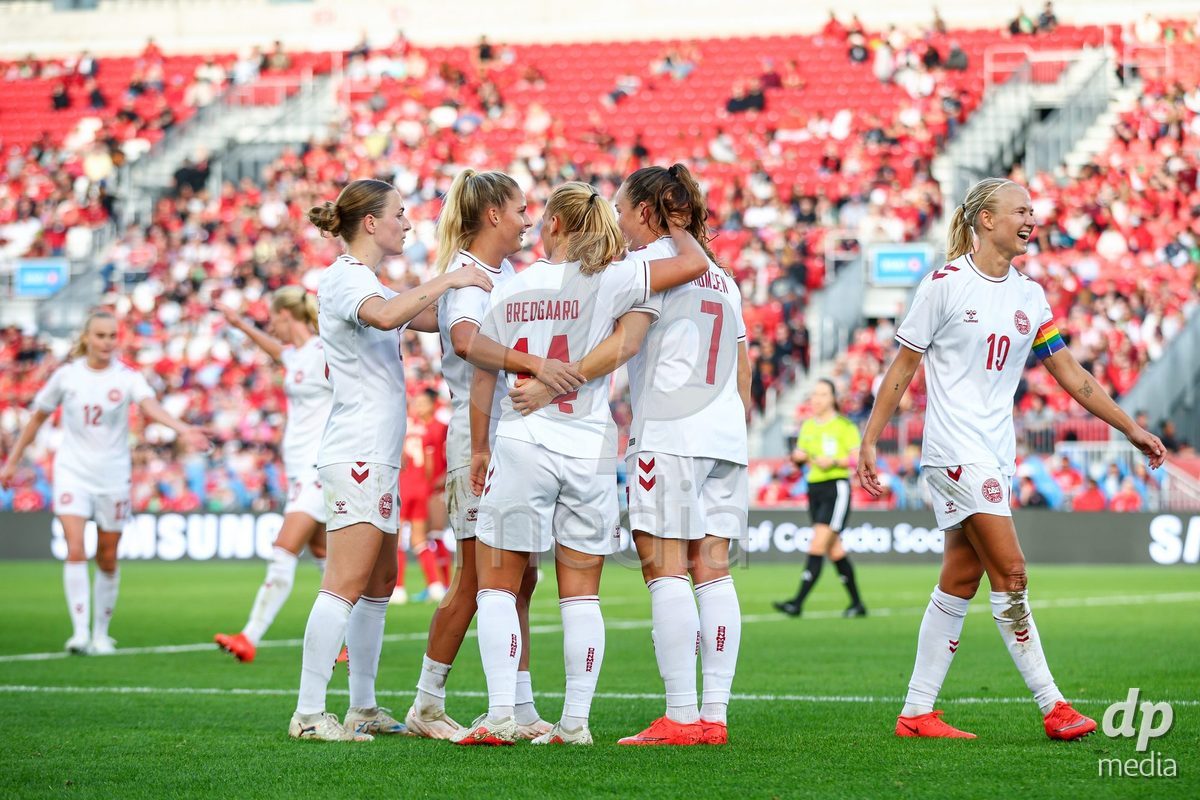 TORONTO, CANADA - OCTOBER 12: Janni Thomsen of Denmark celebrates the fourth team goal during the International Friendly match between Canada and Denmark at BMO Field on October 12, 2026 in Toronto, Canada.