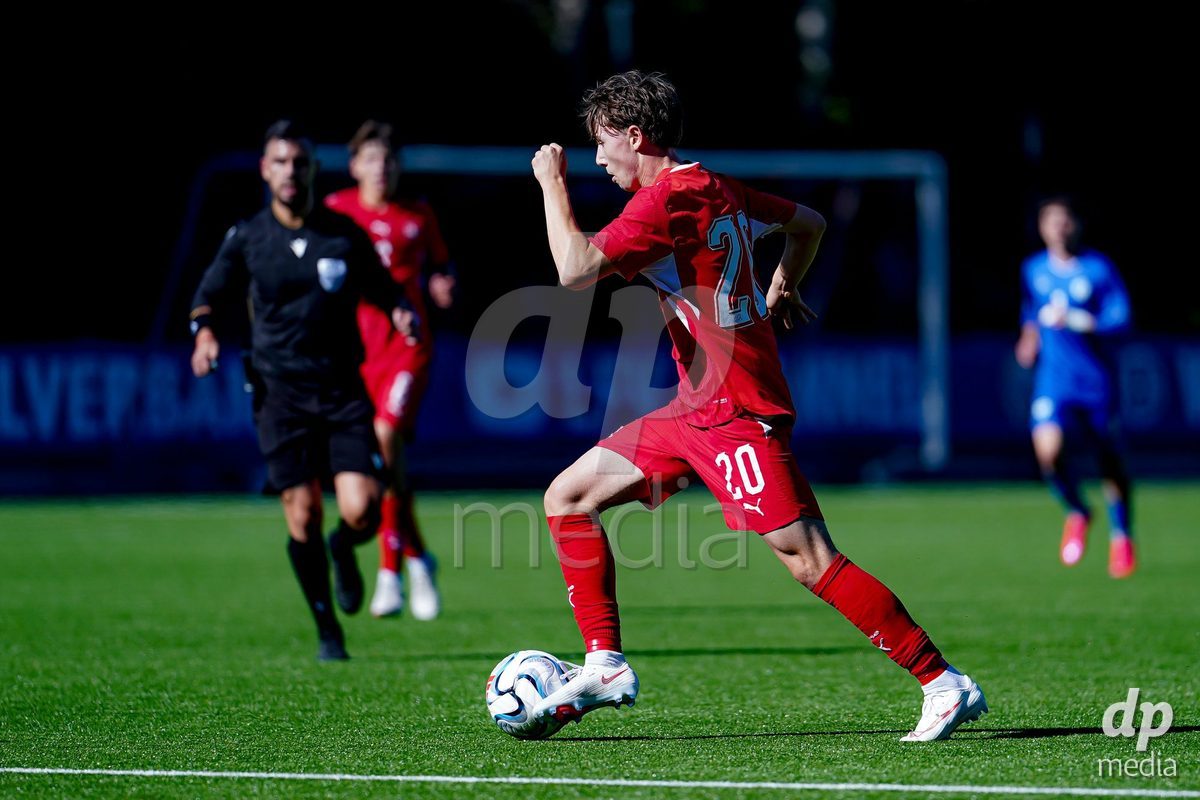 SCHAAN, LIECHTENSTEIN - OCTOBER 12: Loan Thommen of Switzerland controls the ball during the UEFA European Under-17 Qualifier match between Israel and Switzerland at LFV Campus Rheinwiese on October 12, 2026 in Schaan, Liechtenstein.