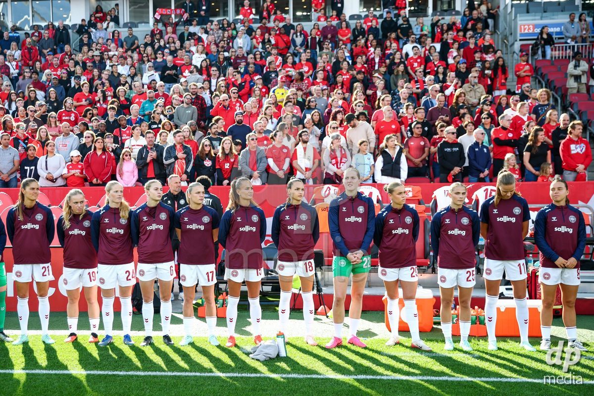 TORONTO, CANADA - OCTOBER 12: Players of Denmark during the national anthem prior to the International Friendly match between Canada and Denmark at BMO Field on October 12, 2026 in Toronto, Canada.