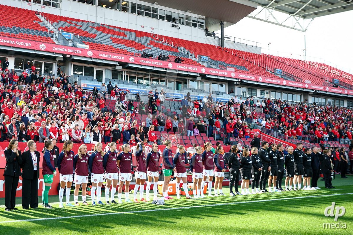 TORONTO, CANADA - OCTOBER 12: Players of Denmark during the national anthem prior to the International Friendly match between Canada and Denmark at BMO Field on October 12, 2026 in Toronto, Canada.