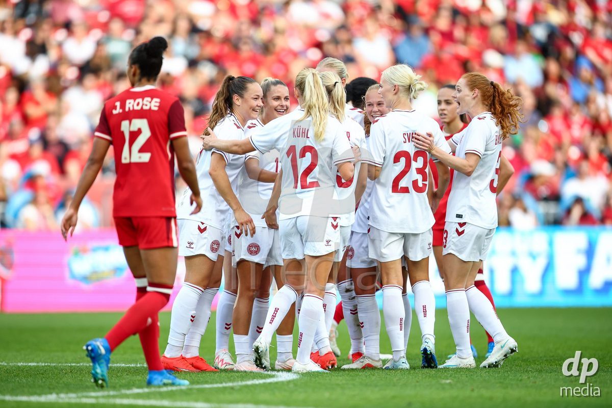 TORONTO, CANADA - OCTOBER 12: Olivia Holdt of Denmark celebrates the third team goal during the International Friendly match between Canada and Denmark at BMO Field on October 12, 2026 in Toronto, Canada.