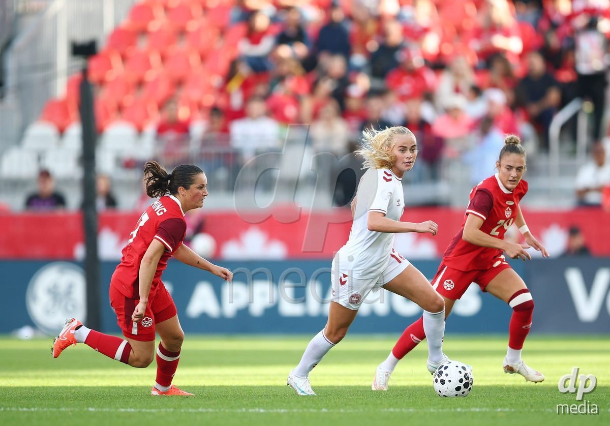 TORONTO, CANADA - OCTOBER 12: Katherine Møller Kühl of Denmark dribbles the ball during the International Friendly match against Canada at BMO Field on October 12, 2026 in Toronto, Canada.