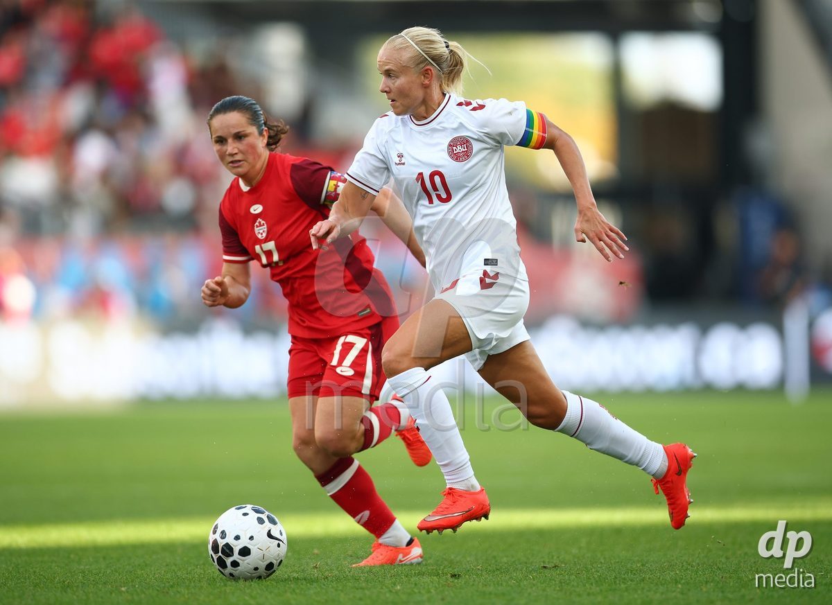 TORONTO, CANADA - OCTOBER 12: Pernille Harder of Denmark dribbles the ball during the International Friendly match against Canada at BMO Field on October 12, 2026 in Toronto, Canada.