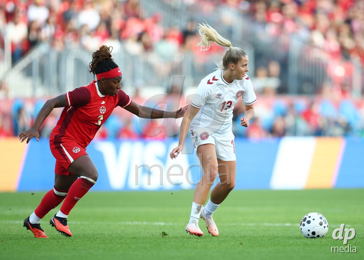 TORONTO, CANADA - OCTOBER 12: Olivia Holdt of Denmark dribbles the ball during the International Friendly match against Canada at BMO Field on October 12, 2026 in Toronto, Canada.