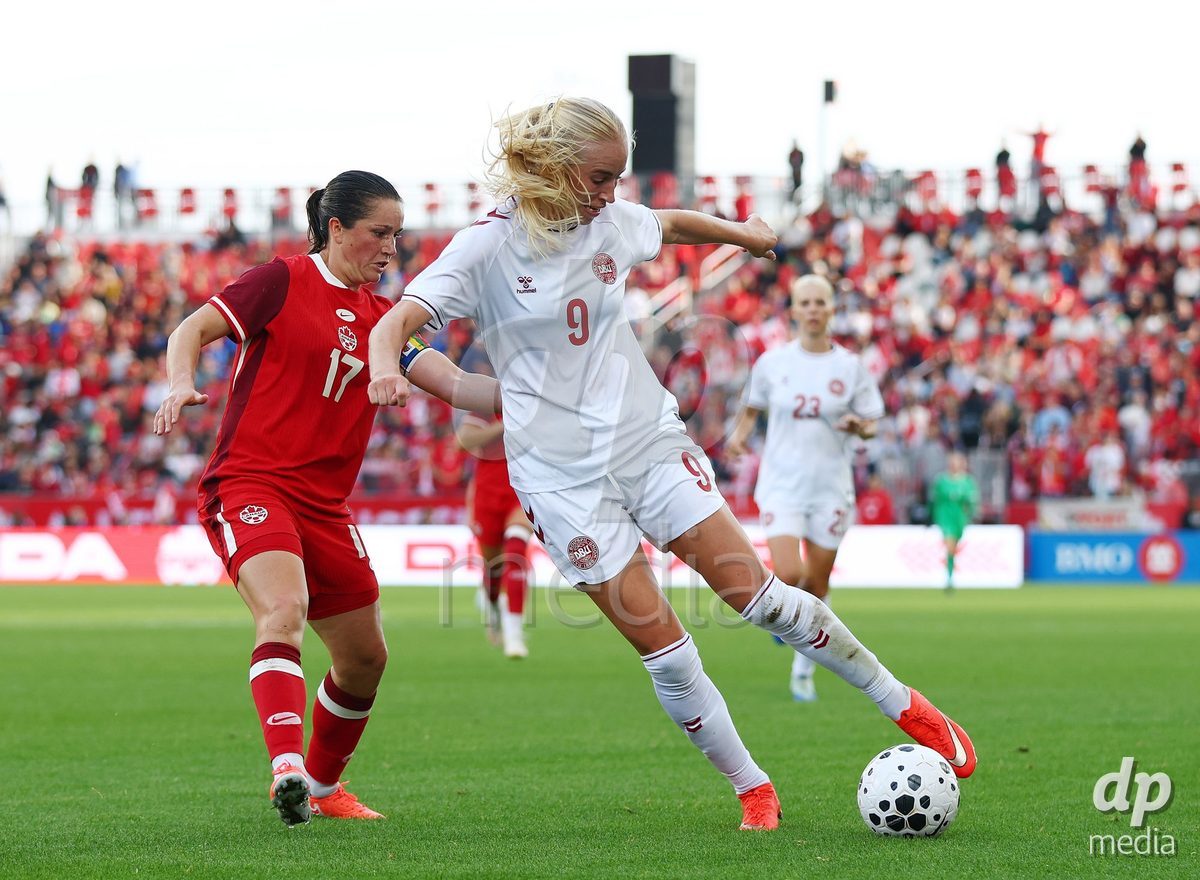 TORONTO, CANADA - OCTOBER 12: Amalie Vangsgaard of Denmark dribbles the ball during the International Friendly match against Canada at BMO Field on October 12, 2026 in Toronto, Canada.