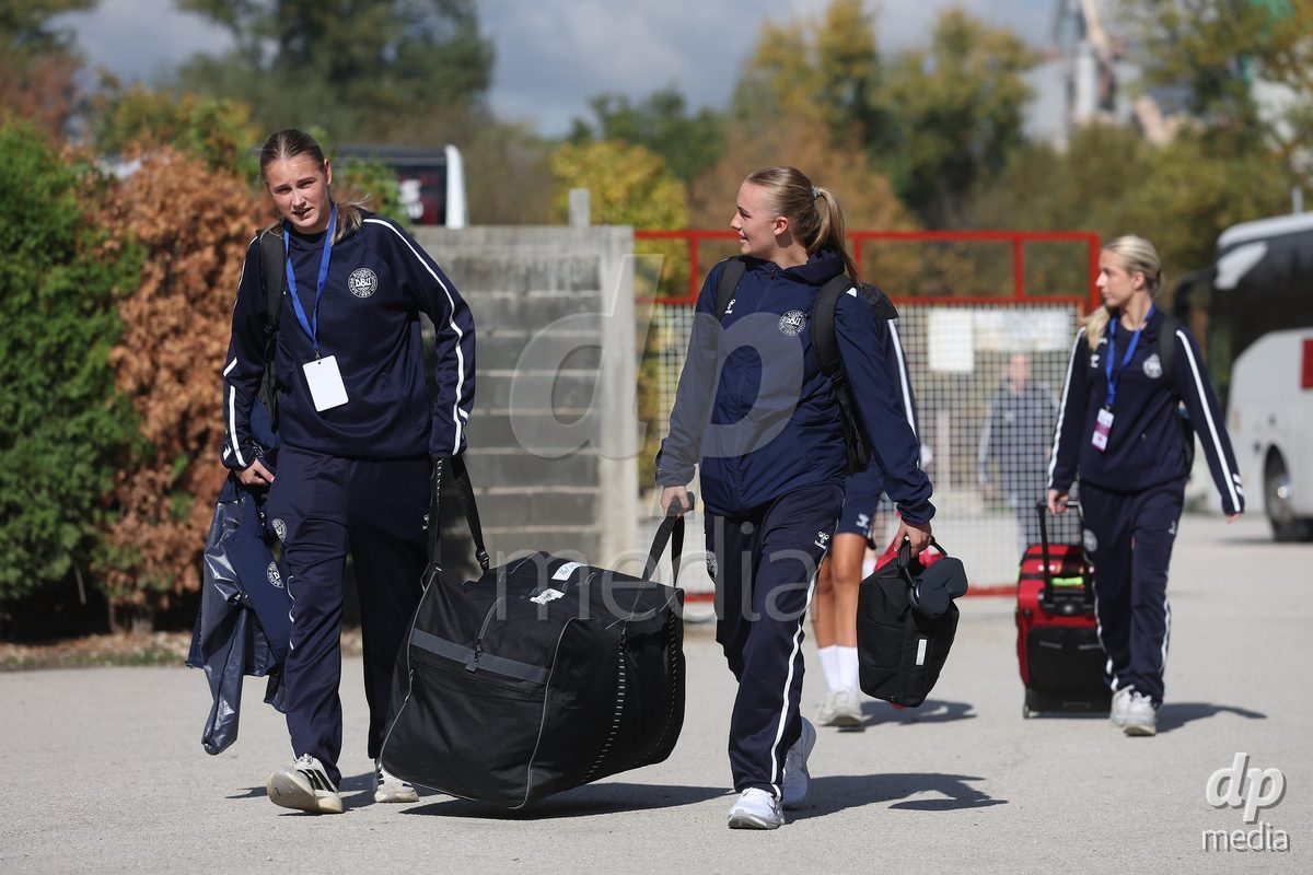 KAKANJ, BOSNIA AND HERZEGOVINA - OCTOBER 13: Andrea Thierry of Denmark and Nikoline Nielsen of Denmark arrives at the stadium before the UEFA Womens European Under-19 Qualifier match between Denmark and Switzerland at Mladost Stadium on October 13, 2026 in Kakanj, Bosnia and Herzegovina. Photo: Armin Durgut/Pixsell/DP Media