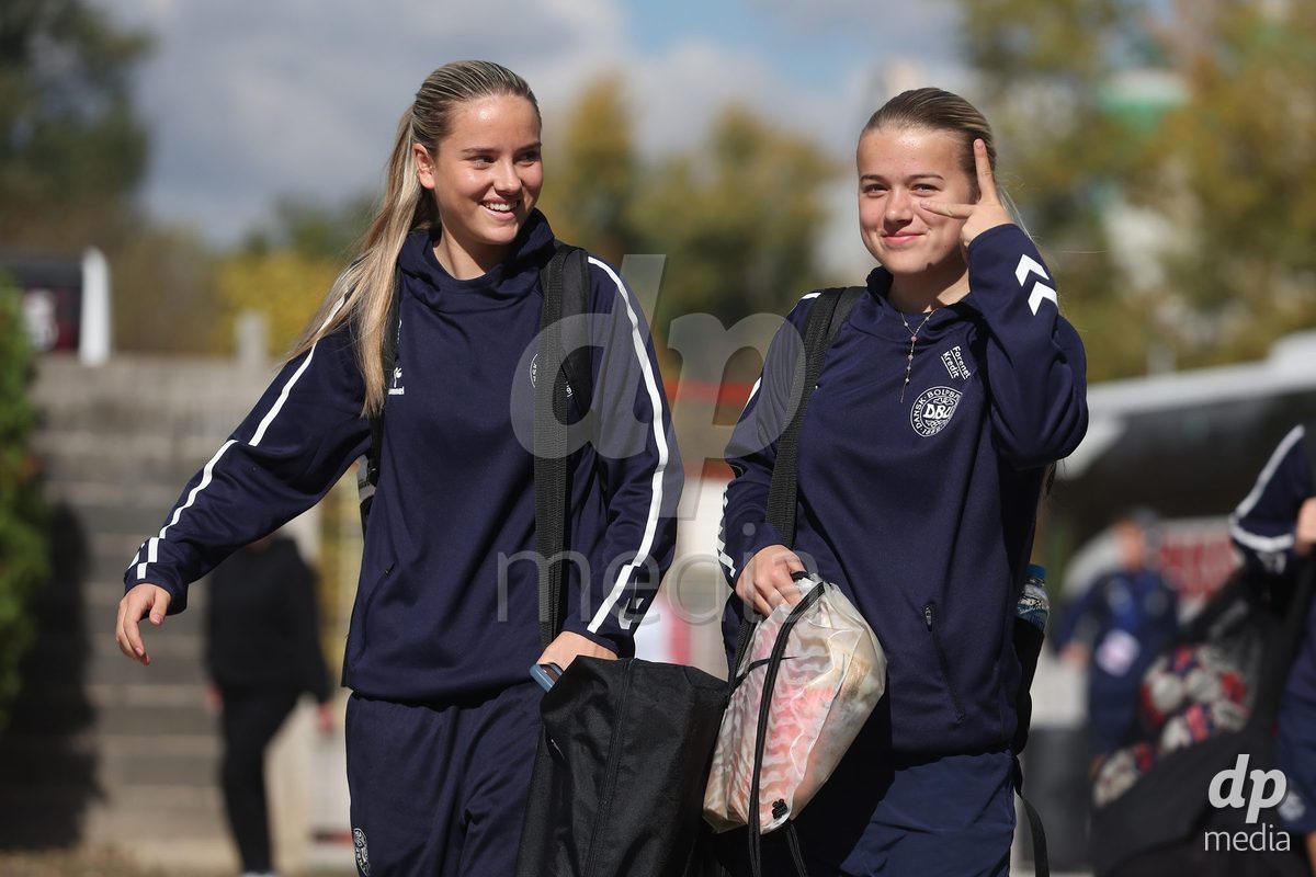 KAKANJ, BOSNIA AND HERZEGOVINA - OCTOBER 13: Nellie Mulvad Gejel of Denmark and Frøya Stubgaard Ebbesvik of Denmark arrives at the stadium before the UEFA Womens European Under-19 Qualifier match between Denmark and Switzerland at Mladost Stadium on October 13, 2026 in Kakanj, Bosnia and Herzegovina. Photo: Armin Durgut/Pixsell/DP Media