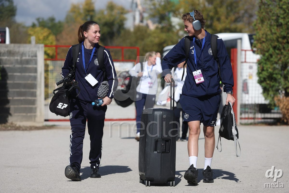 KAKANJ, BOSNIA AND HERZEGOVINA - OCTOBER 13: Isabella Andersen of Denmark and Isabella Damm of Denmark arrives at the stadium before the UEFA Womens European Under-19 Qualifier match between Denmark and Switzerland at Mladost Stadium on October 13, 2026 in Kakanj, Bosnia and Herzegovina. Photo: Armin Durgut/Pixsell/DP Media
