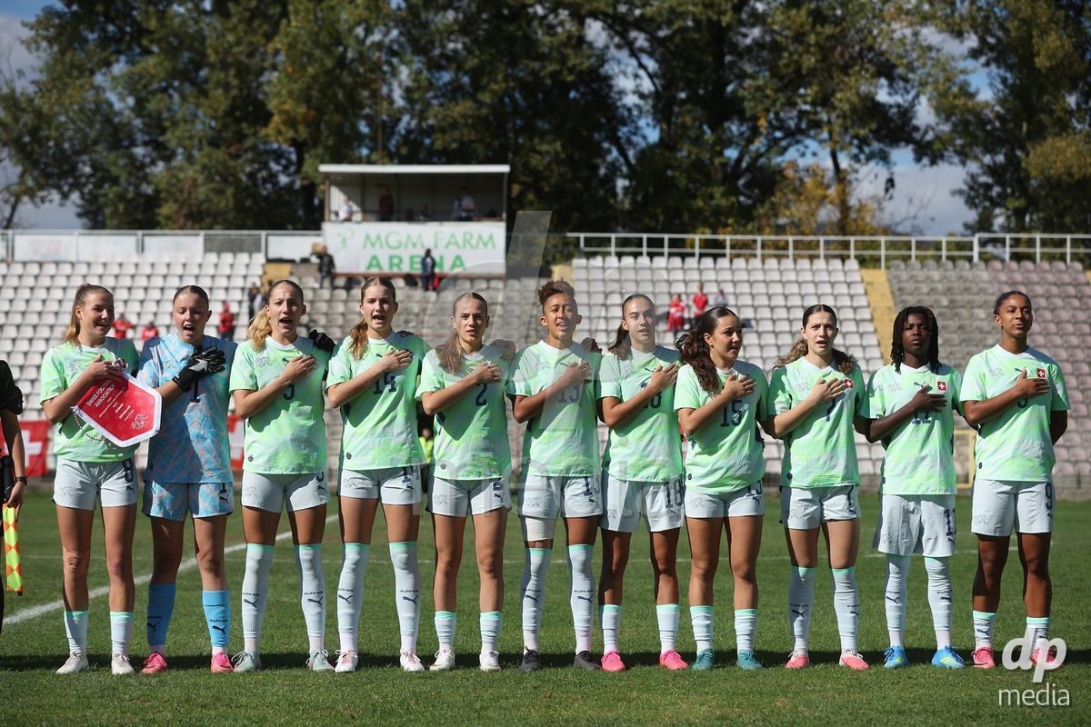KAKANJ, BOSNIA AND HERZEGOVINA - OCTOBER 13: Players of Switzerland line up for national anthems prior to  the UEFA Womens European Under-19 Qualifier match between Denmark and Switzerland at Mladost Stadium on October 13, 2026 in Kakanj, Bosnia and Herzegovina. Photo: Armin Durgut/Pixsell/DP Media