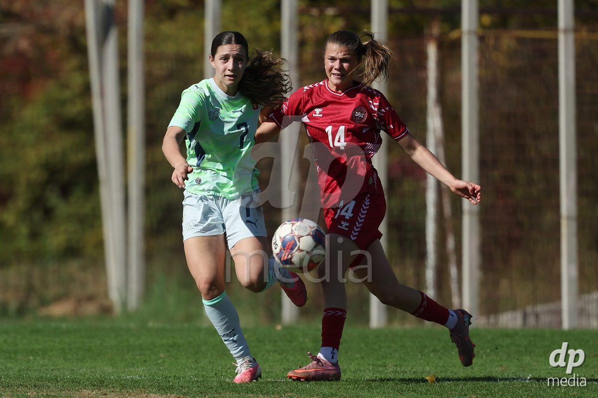 KAKANJ, BOSNIA AND HERZEGOVINA - OCTOBER 13: Ramona Schallberger of Switzerland and Nicoline Jorgensen Klintskov of Denmark during the UEFA Womens European Under-19 Qualifier match between Denmark and Switzerland at Mladost Stadium on October 13, 2026 in Kakanj, Bosnia and Herzegovina. Photo: Armin Durgut/Pixsell/DP Media