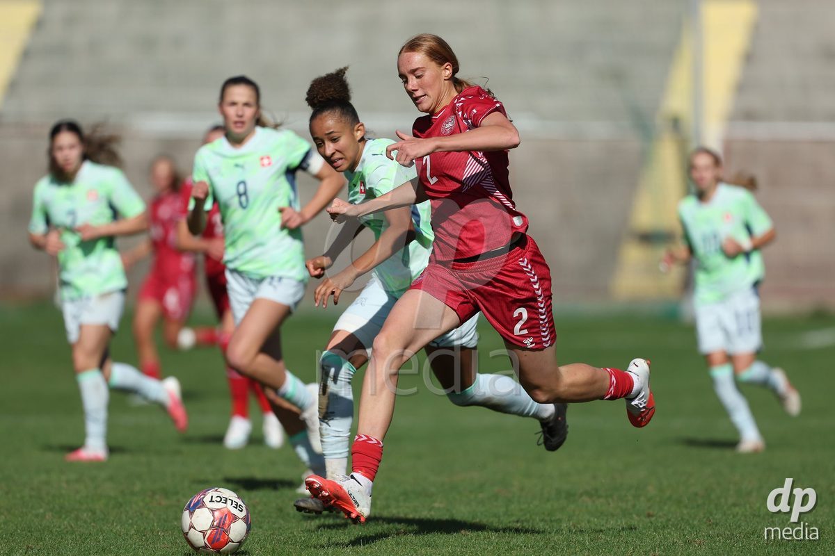 KAKANJ, BOSNIA AND HERZEGOVINA - OCTOBER 13: Soraya Awa Bandia of Switzerland and Andrea Jeppesen of Denmark during the UEFA Womens European Under-19 Qualifier match between Denmark and Switzerland at Mladost Stadium on October 13, 2026 in Kakanj, Bosnia and Herzegovina. Photo: Armin Durgut/Pixsell/DP Media