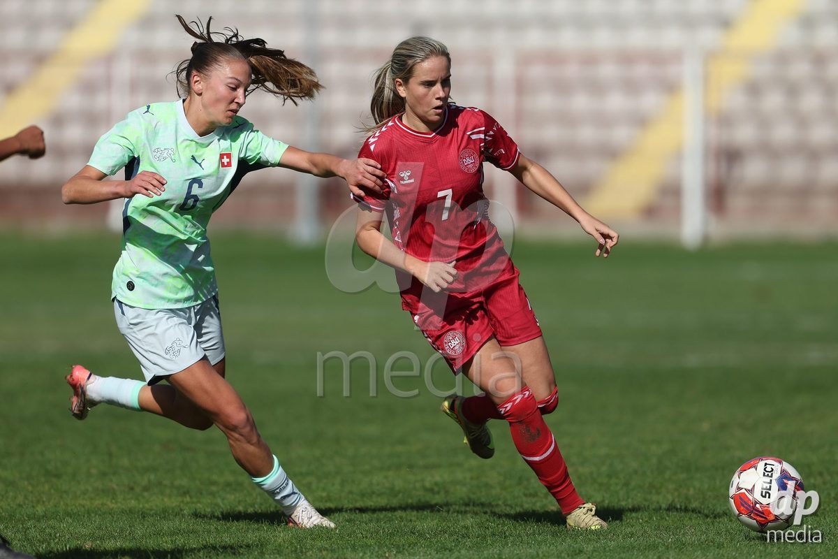 KAKANJ, BOSNIA AND HERZEGOVINA - OCTOBER 13: Joya Kamber of Switzerland and Nellie Mulvad Gejel of Denmark during the UEFA Womens European Under-19 Qualifier match between Denmark and Switzerland at Mladost Stadium on October 13, 2026 in Kakanj, Bosnia and Herzegovina. Photo: Armin Durgut/Pixsell/DP Media