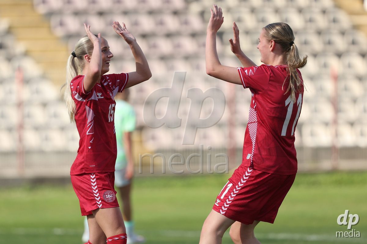 KAKANJ, BOSNIA AND HERZEGOVINA - OCTOBER 13: Frederikke Ludvigsen of Denmark and Andrea Thierry of Denmark celebrate after Frederikke Ludvigsen of Denmark score a goal for 5:1 during the UEFA Womens European Under-19 Qualifier match between Denmark and Switzerland at Mladost Stadium on October 13, 2026 in Kakanj, Bosnia and Herzegovina. Photo: Armin Durgut/Pixsell/DP Media