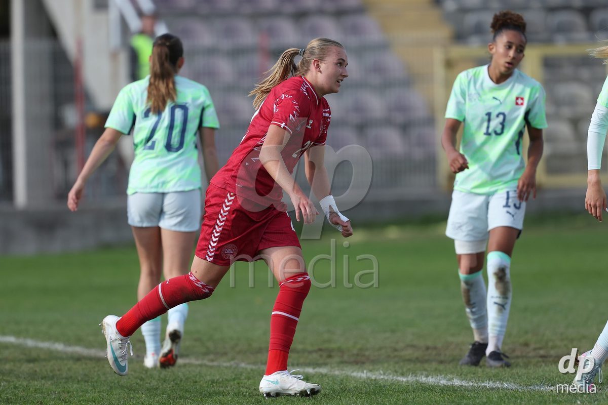 KAKANJ, BOSNIA AND HERZEGOVINA - OCTOBER 13: Nikoline Nielsen of Denmark celebrate after Asta Kynde of Denmark score a goal for 6:2 during the UEFA Womens European Under-19 Qualifier match between Denmark and Switzerland at Mladost Stadium on October 13, 2026 in Kakanj, Bosnia and Herzegovina. Photo: Armin Durgut/Pixsell/DP Media