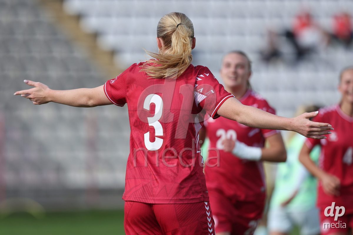 KAKANJ, BOSNIA AND HERZEGOVINA - OCTOBER 13: Asta Kynde of Denmark celebrate after she score a goal for 6:2 during the UEFA Womens European Under-19 Qualifier match between Denmark and Switzerland at Mladost Stadium on October 13, 2026 in Kakanj, Bosnia and Herzegovina. Photo: Armin Durgut/Pixsell/DP Media