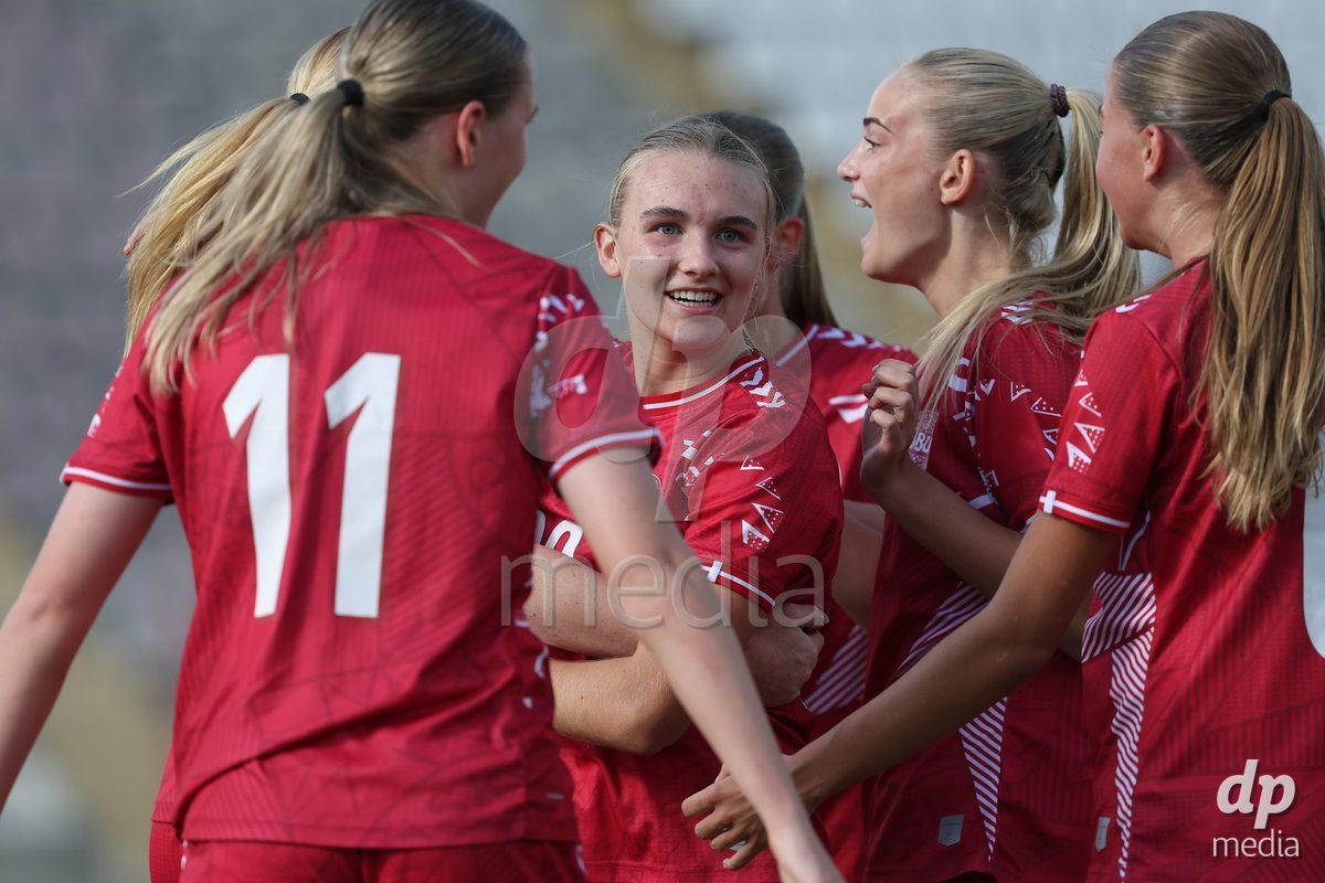 KAKANJ, BOSNIA AND HERZEGOVINA - OCTOBER 13: Nikoline Nielsen of Denmark and Mille Kjaergaard of Denmark celebrate after Asta Kynde of Denmark score a goal for 6:2 during the UEFA Womens European Under-19 Qualifier match between Denmark and Switzerland at Mladost Stadium on October 13, 2026 in Kakanj, Bosnia and Herzegovina. Photo: Armin Durgut/Pixsell/DP Media