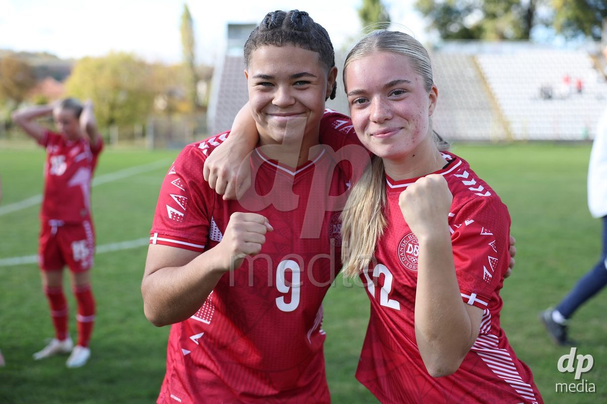 KAKANJ, BOSNIA AND HERZEGOVINA - OCTOBER 13: Thea Petersen of Denmark and Evelina Thygesen of Denmark pose for a photo after the UEFA Womens European Under-19 Qualifier match between Denmark and Switzerland at Mladost Stadium on October 13, 2026 in Kakanj, Bosnia and Herzegovina. Photo: Armin Durgut/Pixsell/DP Media