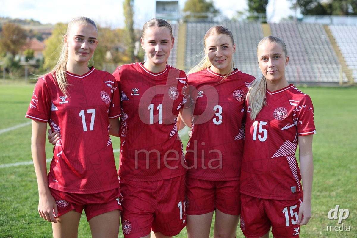KAKANJ, BOSNIA AND HERZEGOVINA - OCTOBER 13: Mille Kjaergaard of Denmark, Andrea Thierry of Denmark, Asta Kynde of Denmark and Frederikke Ludvigsen of Denmark pose for a photo after the UEFA Womens European Under-19 Qualifier match between Denmark and Switzerland at Mladost Stadium on October 13, 2026 in Kakanj, Bosnia and Herzegovina. Photo: Armin Durgut/Pixsell/DP Media